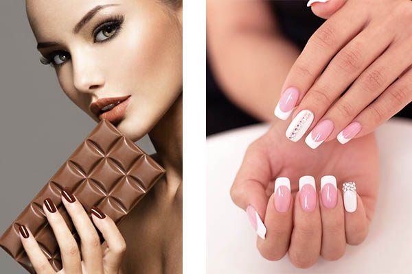 Ongles manucurés couleurs chocolat et mains avec french et décor nail'art brillant.